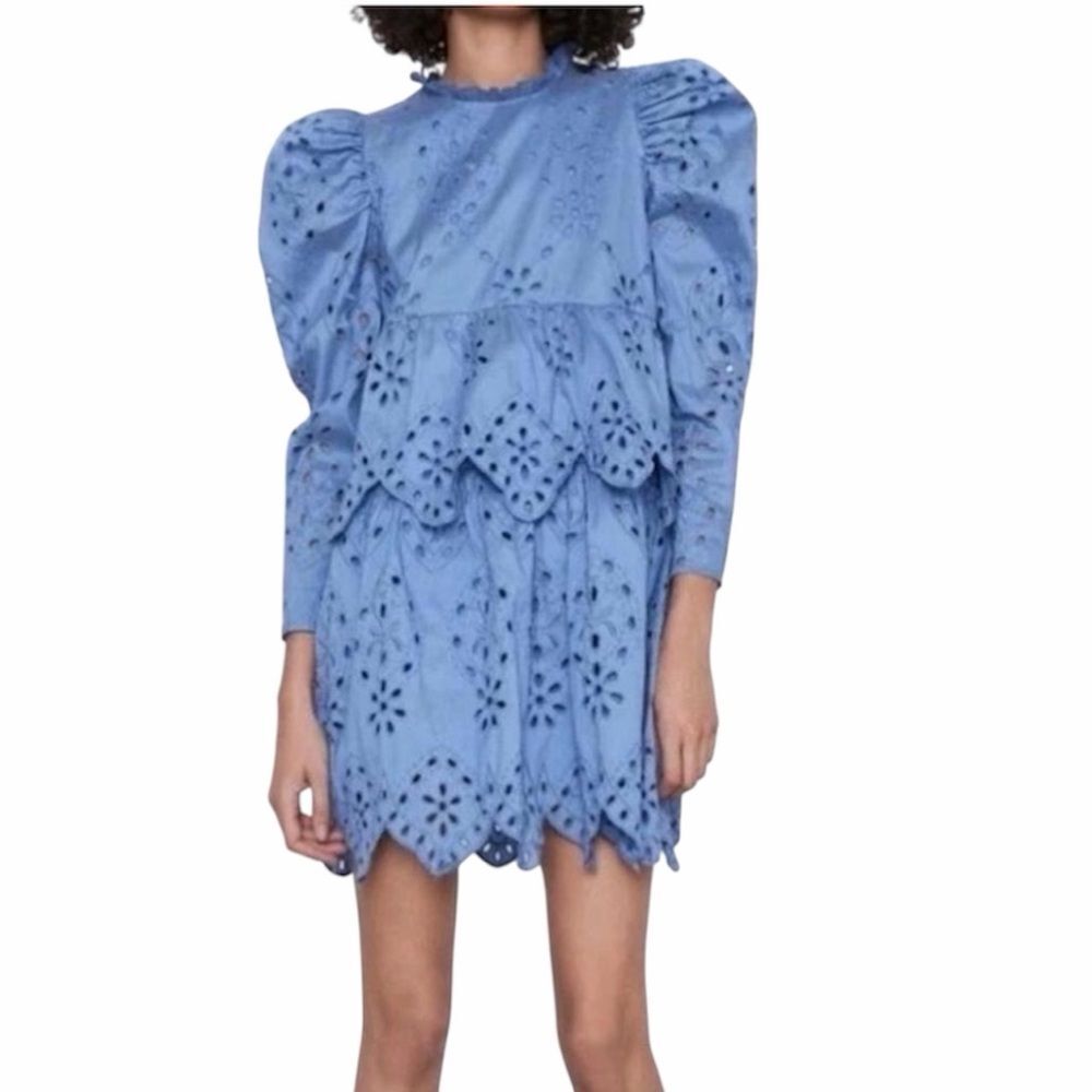 Zara Embroidered Eyelet Puff Long Sleeves Blue Dress Size XS Romantic Coquette
